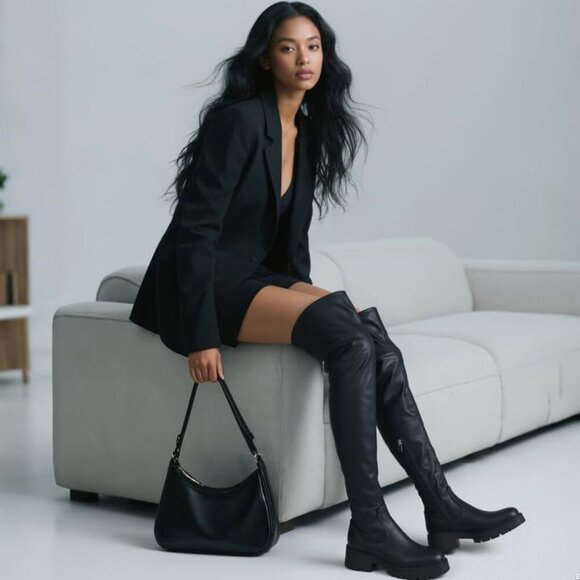 Womens Black-lace Up Polyurethane (PU) Rounded Toe Chunky Heel Thigh High Boots - Picture 6 of 7